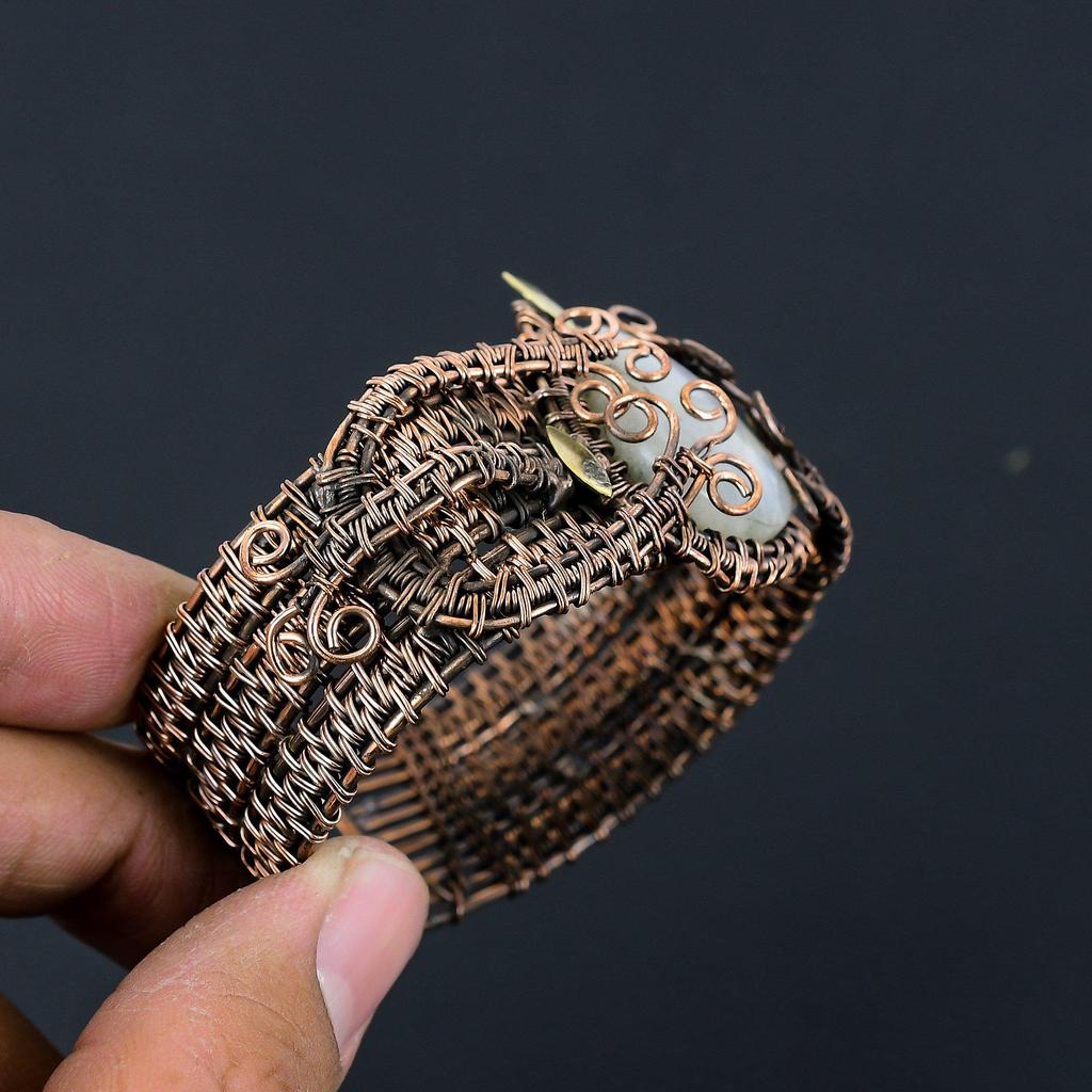 Moonstone Gemstone Handmade Copper Wire Wrap Jewelry Adjustable Bracelet For Women