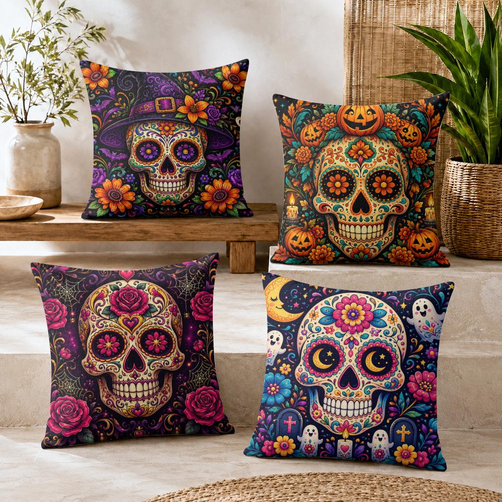 Halloween Sugar Skull Cushion Cover Durable Hypoallergenic Organic Linen Pillow Cover Short Size Washable Skin-Friendly