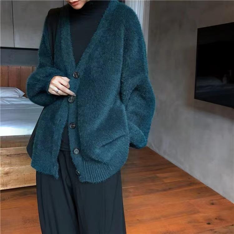 Autumn Women's Fashion Lantern Sleeve Imitation Mink Velvet Loose Sweater Casual Knitted Cardigan Jacket