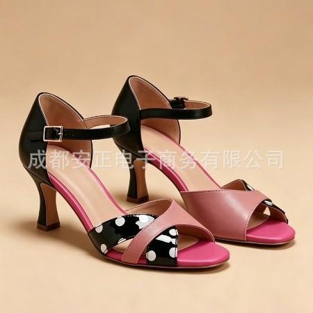 Summer new polka dot pink color matching high-heeled sandals women's cat heel open-toed women's shoes