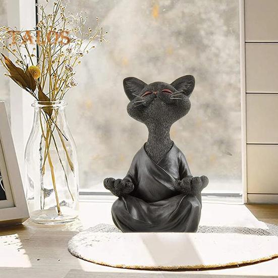 Meditating Cat Figurine Resin Zen Cat Sculpture Sit In Meditation Cat Ornament for Yoga Living Room Bedroom Office Gift for Cat Lover