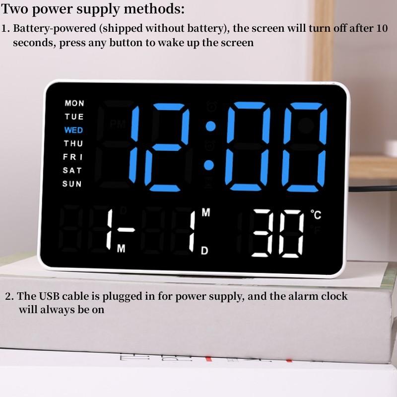 USB Powered Digital Wall Clock Electronic LED Alarm Clock Timer Brightness Adjustment TEMP Display 2 Alarms 12/24H Table Clock