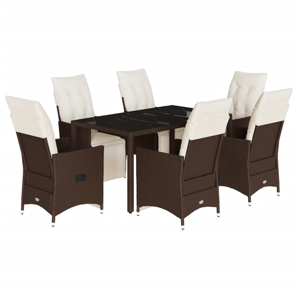 7 piece Garden Bistro Set with Cushions Brown Poly Rattan