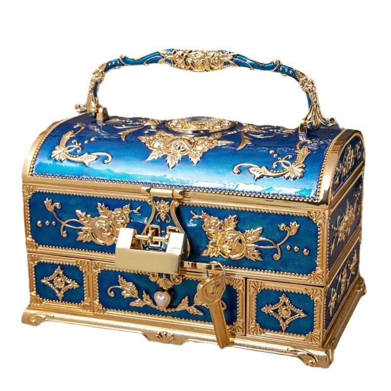 Металлическая шкатулка для украшений, многослойная, большая вместимость, ручка для хранения украшений с зеркалом