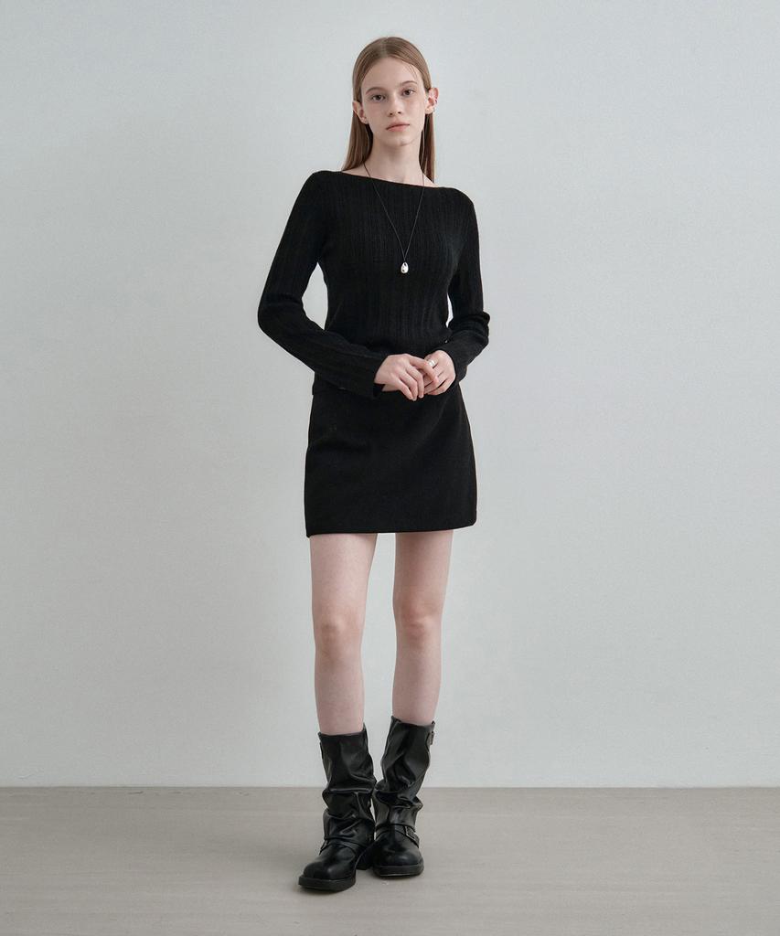 MONGDOL Черный топ с воротником-лодочкой из альпаки в рубчик Mdkt118Black