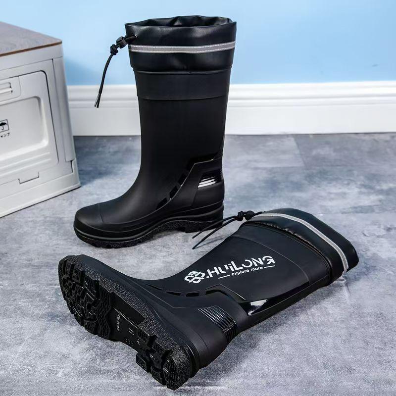 Stylish Men's Non-Slip Waterproof High-Top Rain Boots with Drawstring - Long Tube Fishing Wear-Resistant