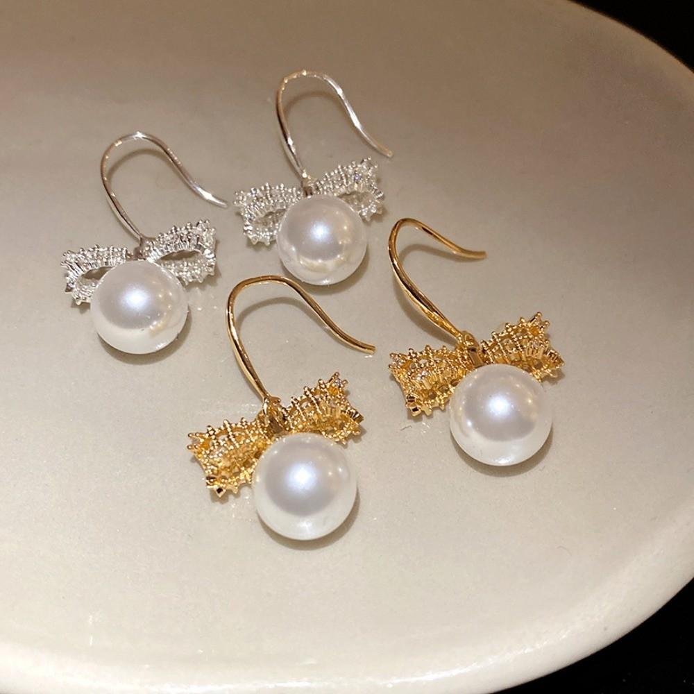 Shell Beads Bow Pearl Long Earrings Simulation Freshwater Pearl Ear Hook Drop Earrings Female