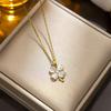 [Real Gold] Titanium Steel Four-Leaf Clover Cat's Eye Necklace for Women - Light Luxury Clavicle Chain with Niche Design