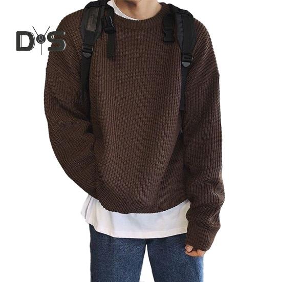 Корейский стиль осень зима мужской свитер-пуловер с круглым вырезом длинный рукав однотонный свободный крой трикотажные топы уличная одежда