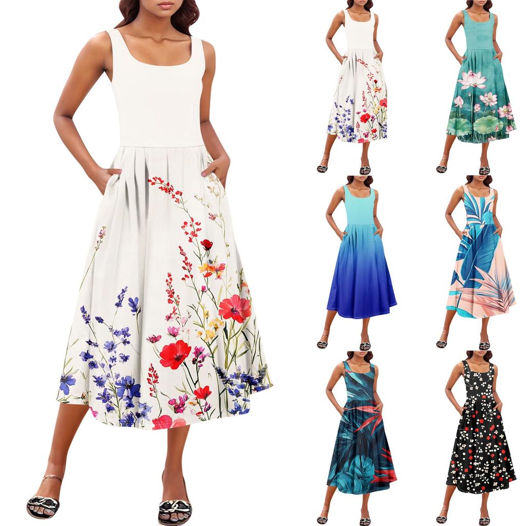 Women's Summer Spring Casual Floral Sundress Sleeveless Beach Vacation Flowy Boho Tank Midi Dresses