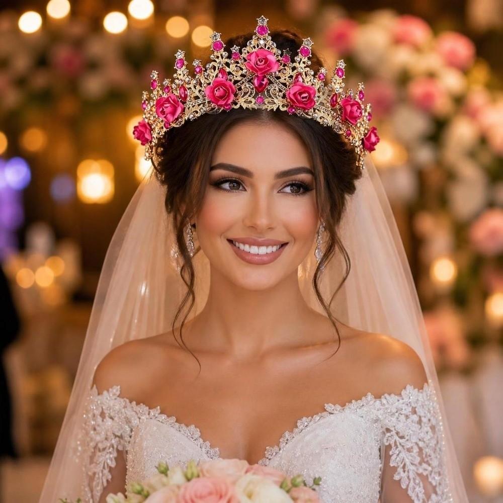 Metal Princess Floral Tiara Rose Flower Shiny Rhinestone Crown Luxury Baroque Crown Prom