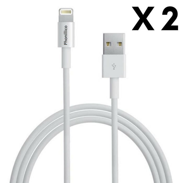 Lot 2 Cables USB Chargeur Blanc pour iPhone 11 / 11 PRO / 11 PRO MAX - Cable Chargeur Mesure 1 Metre [Phonillico®]