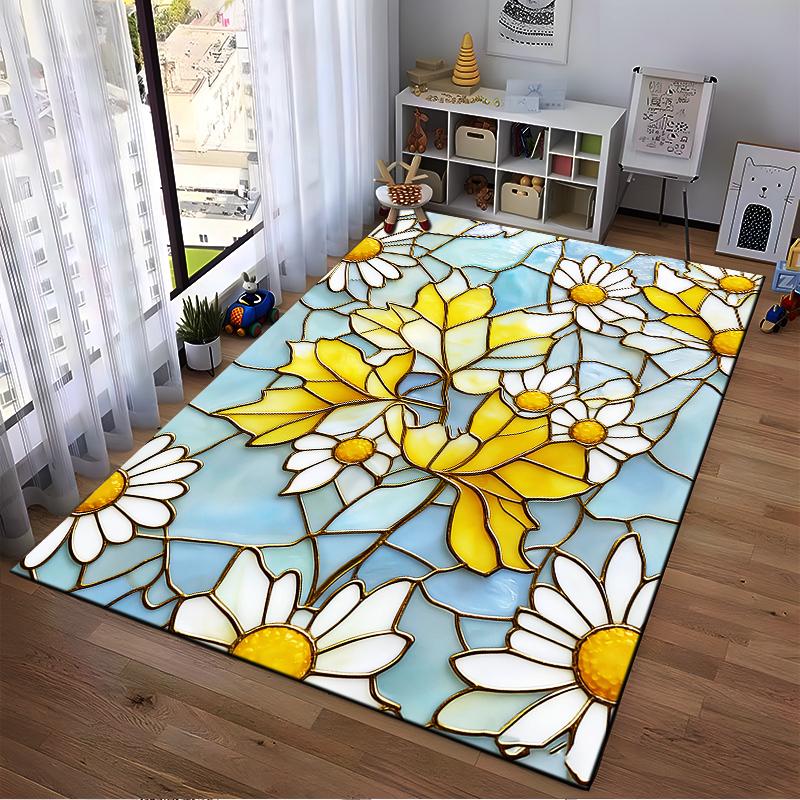 "Stained Glass Style Carpet with Daisies and Yellow Leaves Pattern" Suitable for use as an anti-slip for living room bedroom sofas