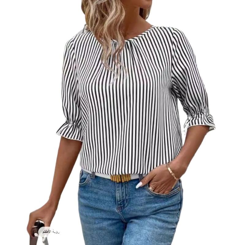 New Fashion Summer Women's Clothing, Blue Striped Button-down Shirt