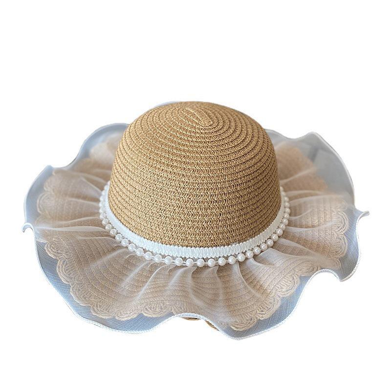 Летняя соломенная шляпа для девочек с жемчужной сеткой - Семейный стиль, Широкие поля, Защита от солнца