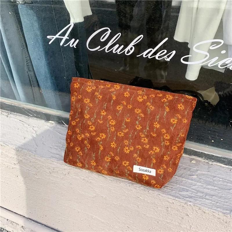 Corduroy Makeup Bags for Women Floral Print Cosmetic Bag Pencil Case Travel Toiletry Bag Storage Bag Organizer Beauty Case