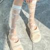 Summer Ultra-thin Transparent Nylon Long Socks Stockings Japanese Fashion Flower Knee Socks Vintage Crystal Silk Socks Stockings