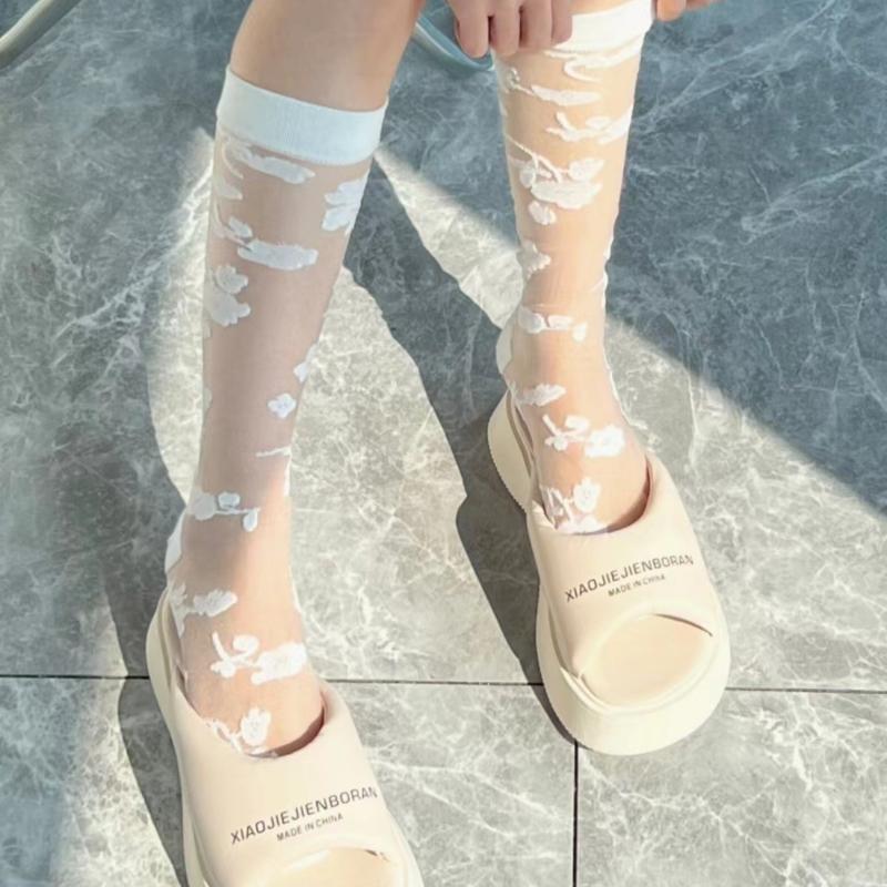Summer Ultra-thin Transparent Nylon Long Socks Stockings Japanese Fashion Flower Knee Socks Vintage Crystal Silk Socks Stockings