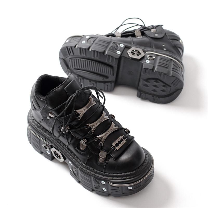 Fashion Women Punk Platform Shoes for Woman's Lace-Up Round Toe Metal Decoration Thin Heels Sneakers Gothic Party Nightclub Shoe