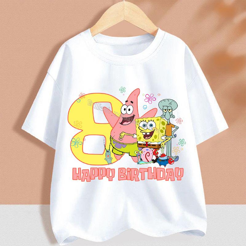 SpongeBob Birthday Number T-shirt Children Tee Top White Round Collar Clothing Boys Short Sleeve Kids Anime Figure Clothes Gift