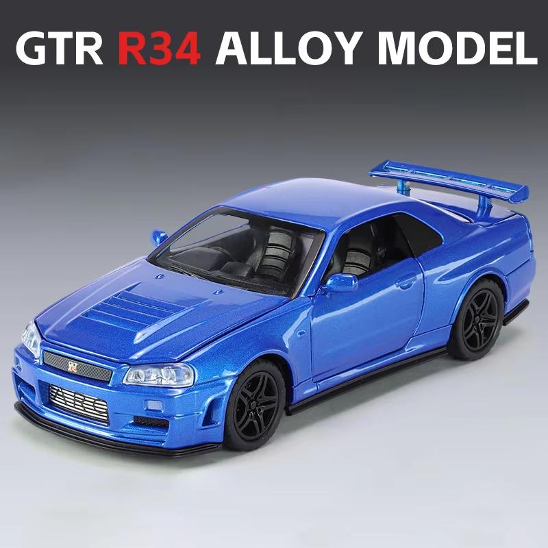 New 1:32 GTR R34 Alloy Sports Car Model Die-cast Toy Racing Car Model Simulation Sound and Light Pull Back Children Boy Trend Collection Gift