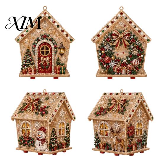 Holiday Celebration Supplies DIY Christmas Faux Pearl Art Painting Hanging Pendant Kit, 3D Bead Gingerbread Wooden Craft Project House Handmade