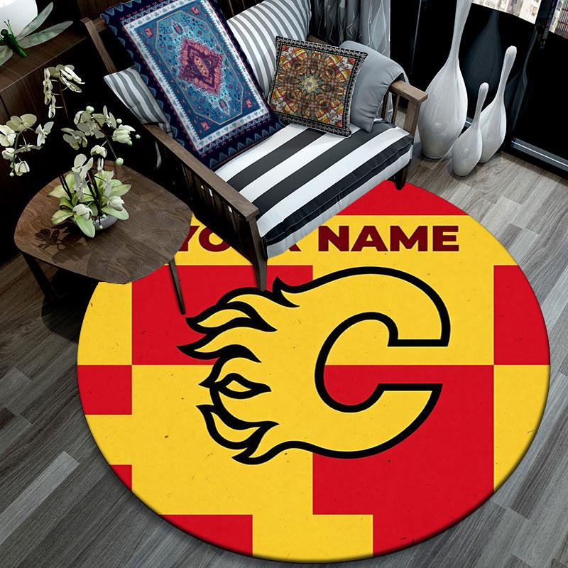 Custom Name,Calgary Flames pattern round rug,Carpet Rug for Living Room Bedroom Playroom ,Non-slip Floor Mat,Holiday Gifts and Birthday Gifts.