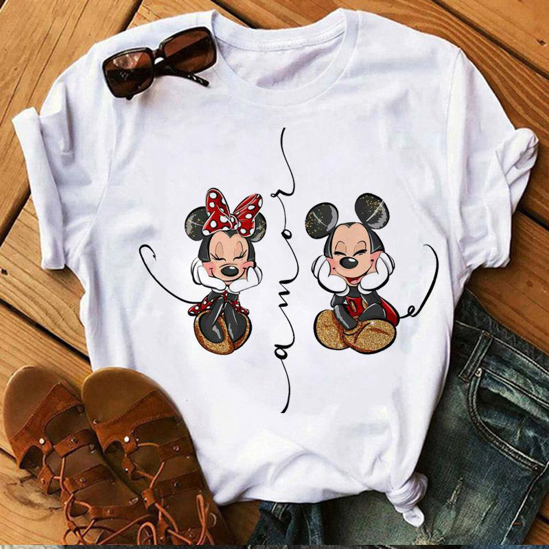 Unisex Mickey and Minnie Print T-shirt Casual Round Neck Short Sleeves T Shirt Summer Casual Clothing Top Black Tee