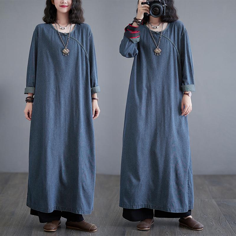Spring Women Denim Dress Cotton Casual Vintage Loose Oversized Dress Long Sleeve Basic