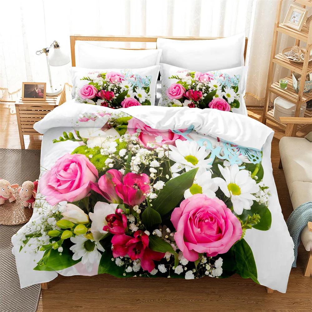 Comforter Rose Flower Bedding Set 4Pcs Pink Red 200X230 For Double Bed 3D Bedsheet 230X230 Full Size Thin Fabric