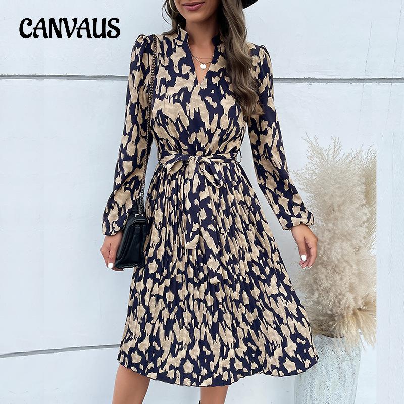 Весенне-осеннее женское платье. Модные женские плиссированные платья с длинными рукавами и принтом.