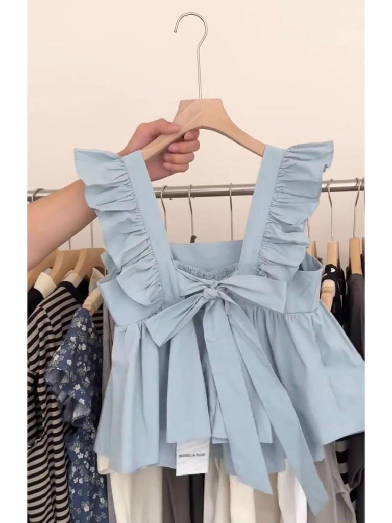 First Love Women's Square Neck Flutter Sleeve Babydoll Top with Bow Lace-up Detail