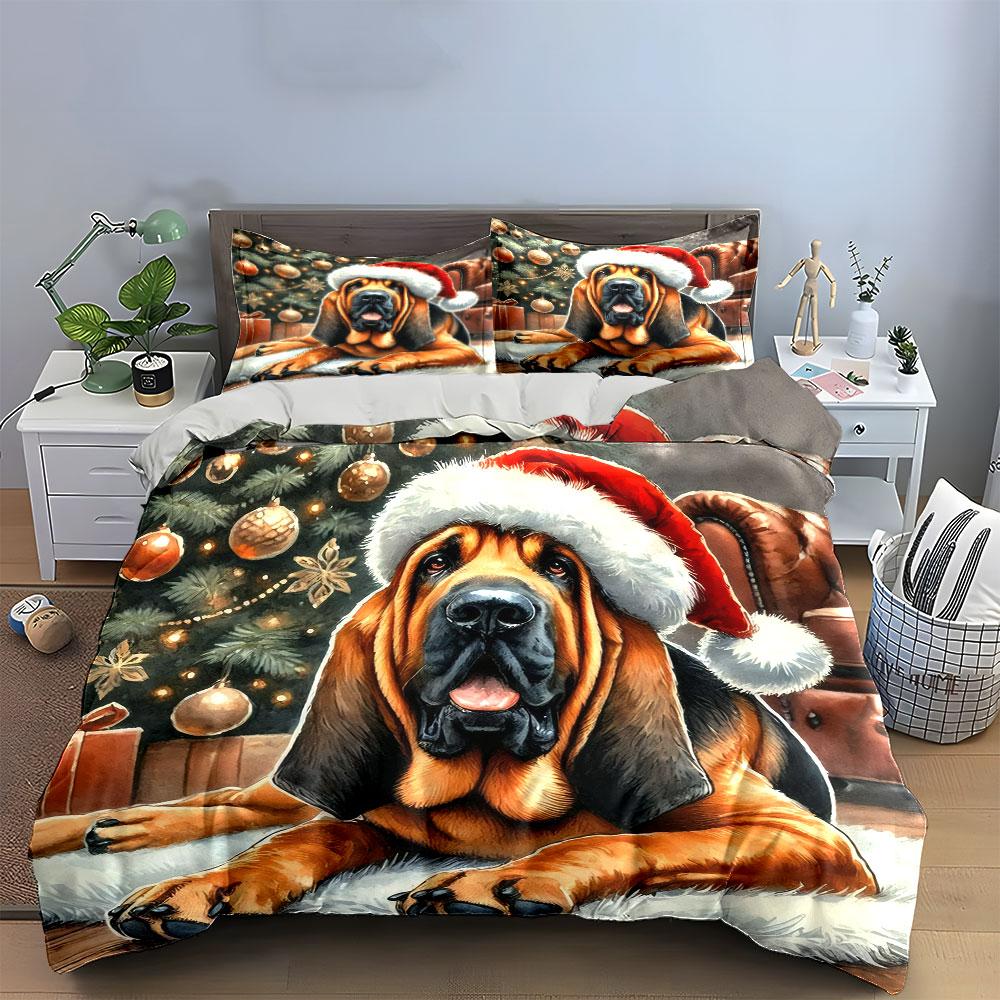 Christmas Dog with Santa Hat Bedding Duvet Cover Set (1*Duvet Cover 2*Pillowcases, without duvet insert)