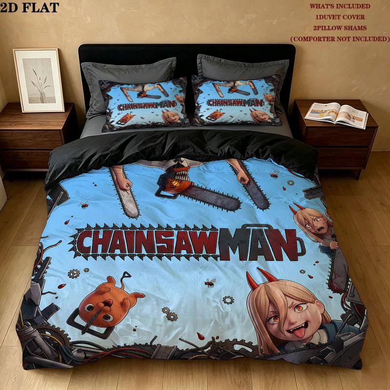 Chainsaw Man Pattern Bedding Quilt Set Quilt Cover Pillowcase Home Birthday Gift(1 * duvet cover + 2 * pillowcase, without core)