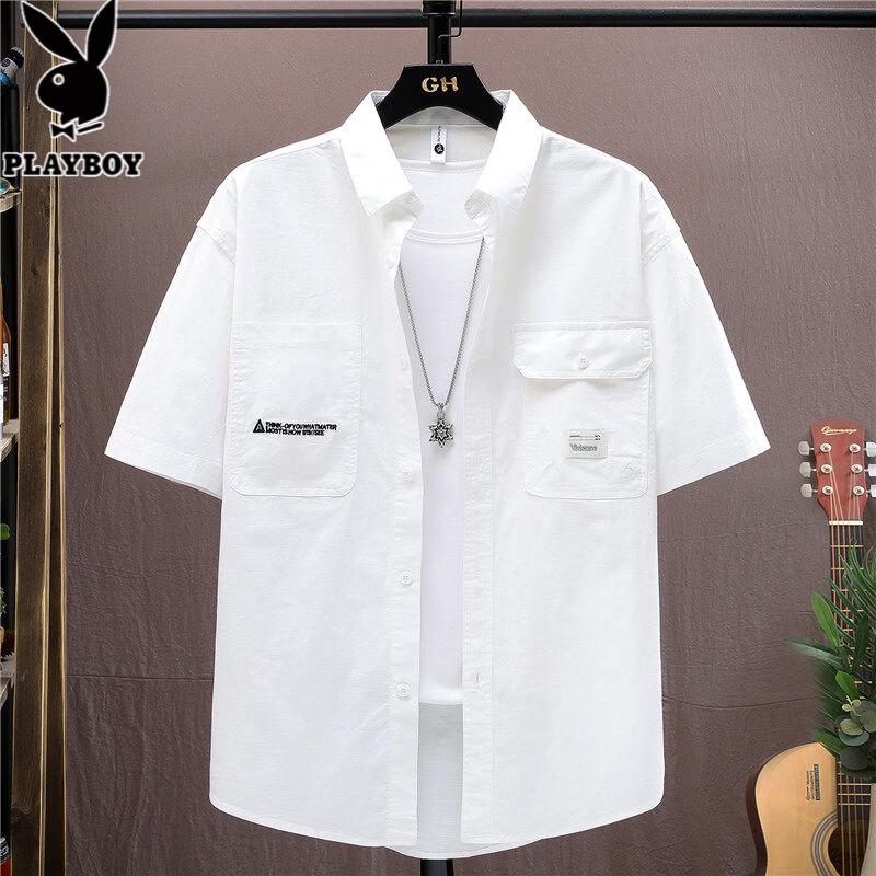PLAYBOY Men's Washed Pure Cotton Workwear Short Sleeve Shirt