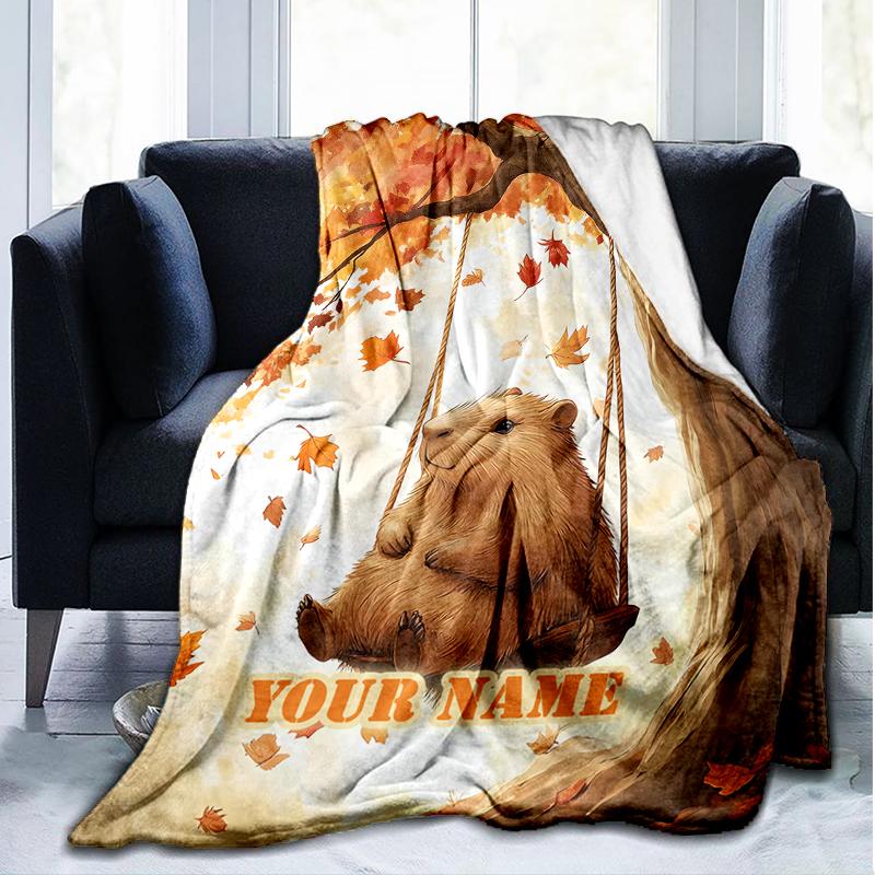 1PC Custom Name Autumnal Quokka outdooor Flannel blankets Patterns Throw Blanket All-Season Soft Gift for Couch, Bed, Camping gifts
