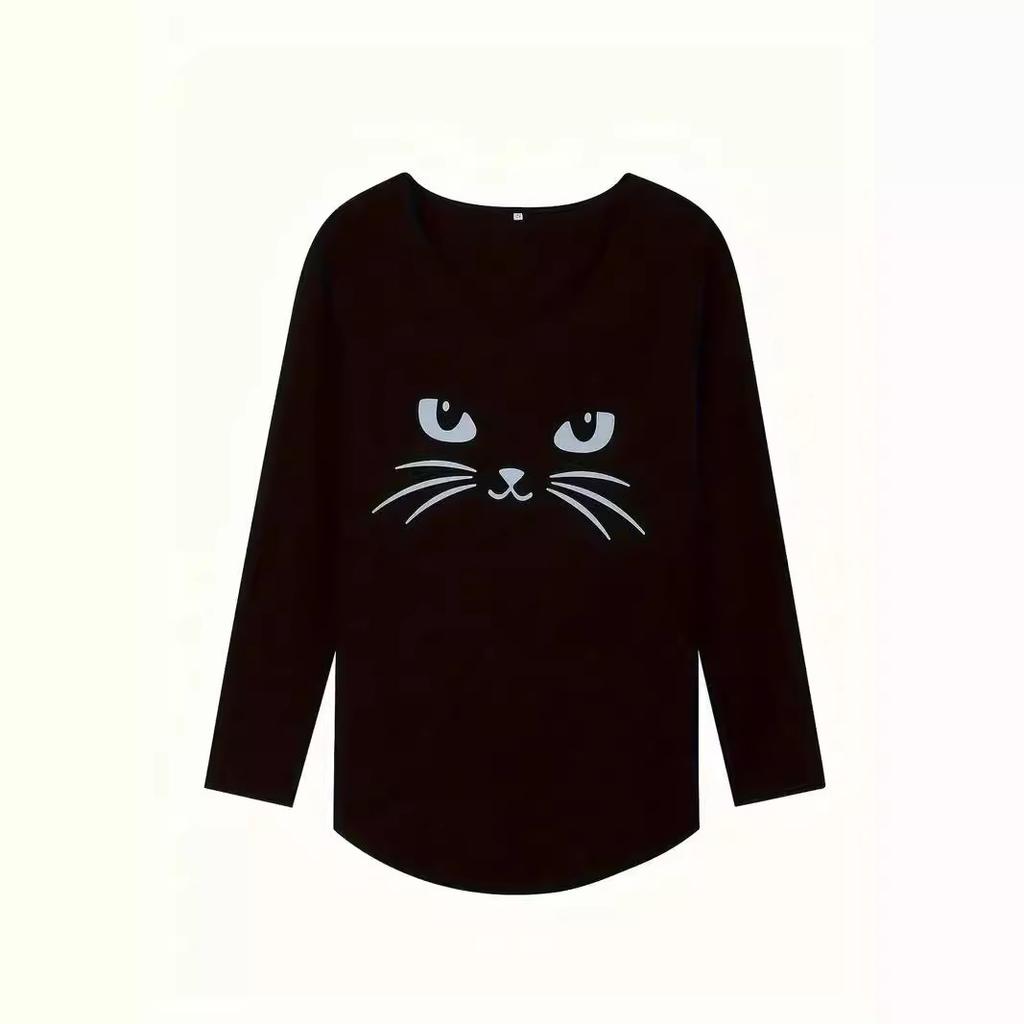 Animal Letters Feather Moon Printed 3D T Shirts Plus Size Black Tees Women Fashion V Neck Long Sleeve T Shirt