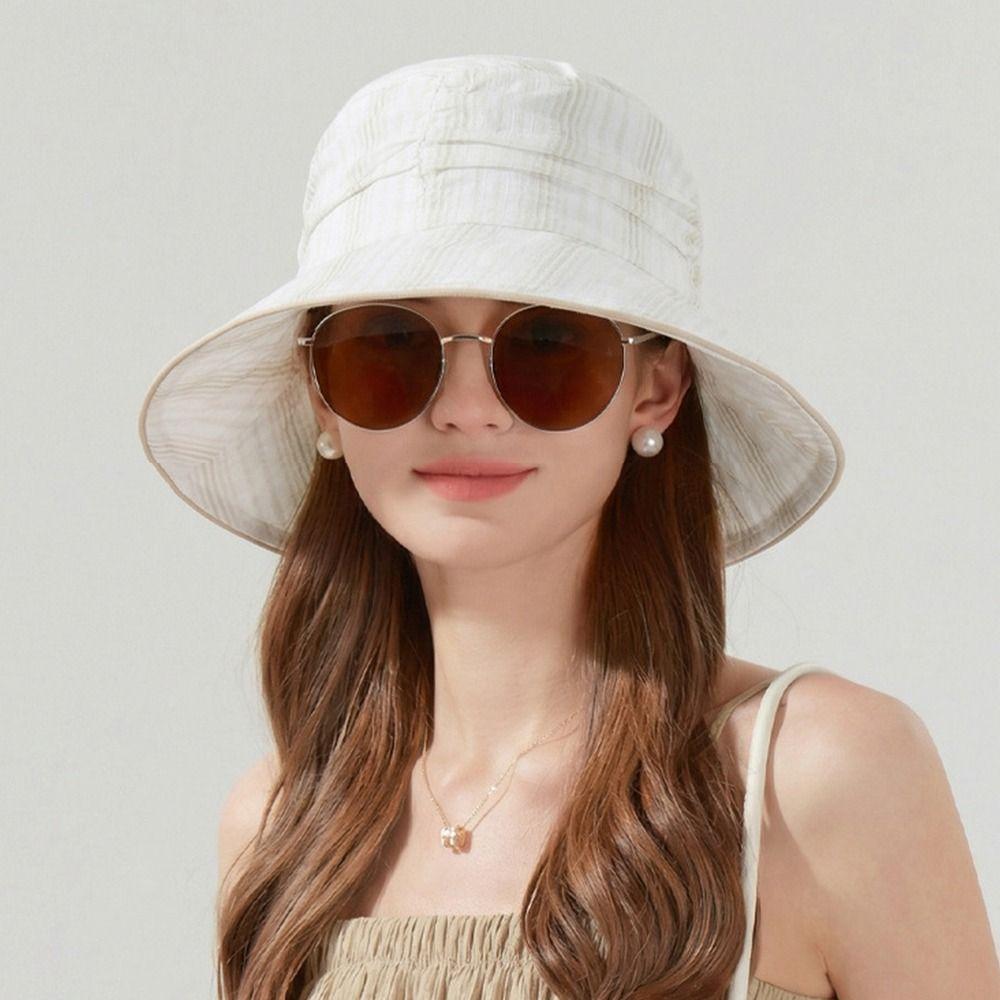 New Pleated Bucket Hat Breathable Striped Fisherman Hat Foldable Sun Protection Hat Summer