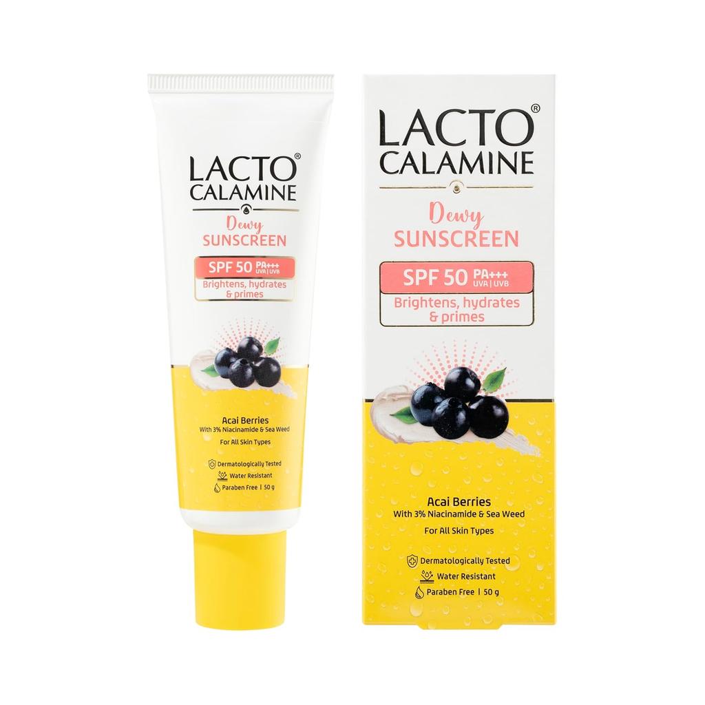 Lacto Calamine Dewy Sunscreen SPF 50 PA+++ 50g Pack | Hydrating Sun Protection with Primer for Face & Body