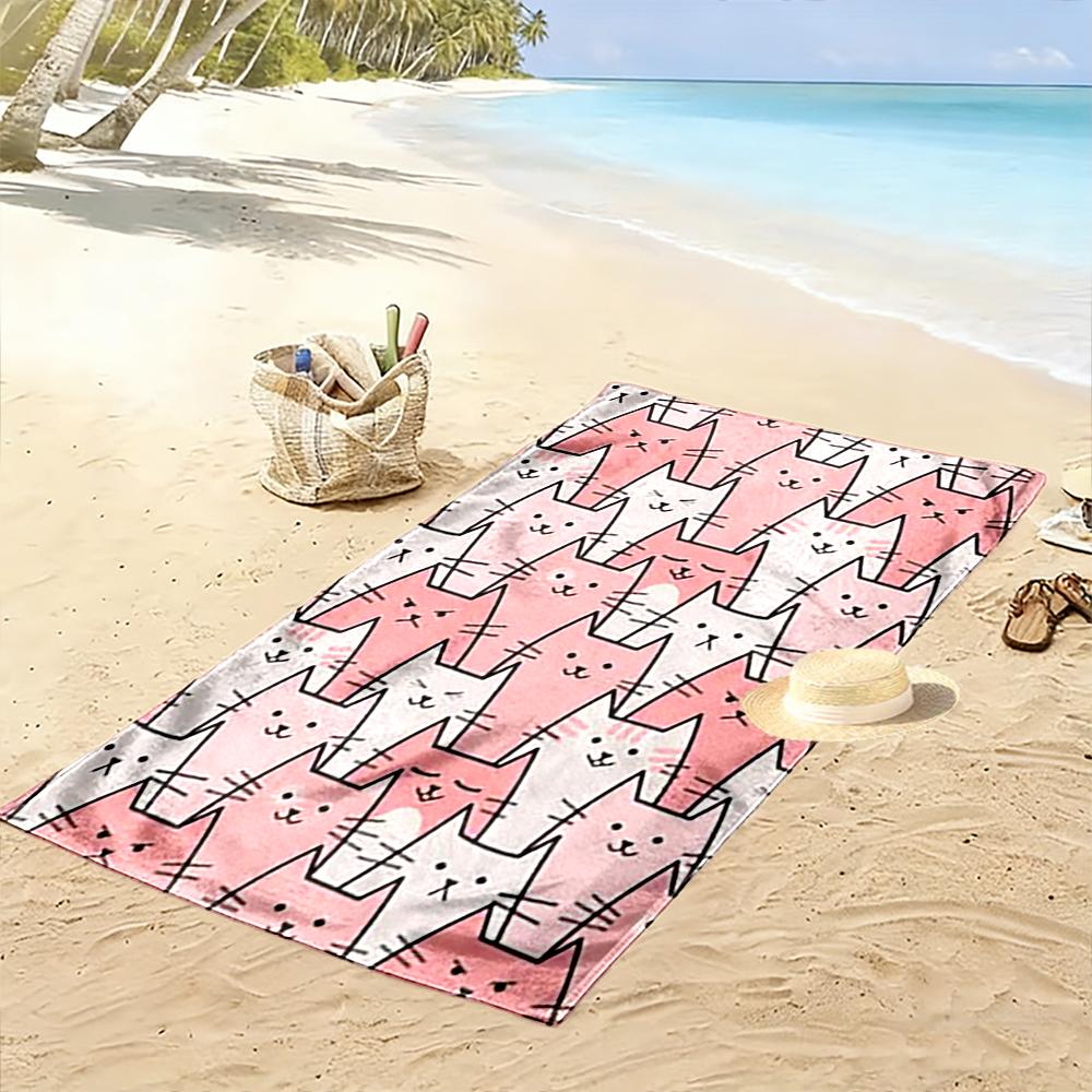 Pink and White Cat Pattern Towel Beach towel quick-drying for travel outdoor sports jogging beach and swimming
