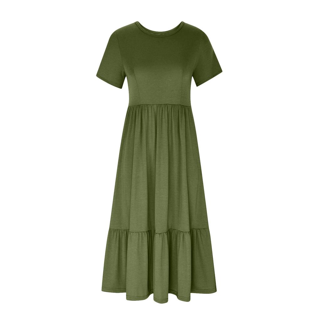 Women's Summer Casual Short Sleeve Crewneck Swing Dress Flowy Tiered Maxi Beach Dress With Pockets