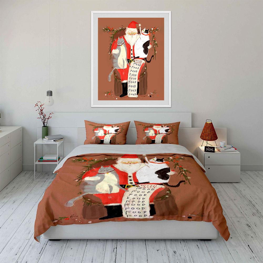 Santa with Cats and Food List Bedding Duvet Cover Set Duvet Cover Pillowcases (1*Duvet Cover 2*Pillowcases, without duvet insert)