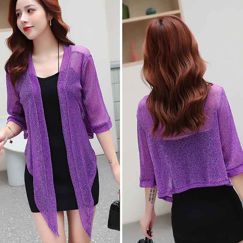 WTEMPO Большой размер, сплошной цвет, с половиной рукавом, солнцезащитная одежда, женская летняя тонкая кружевная шаль, повседневные свободные яркие шелковые дышащие кардиганы