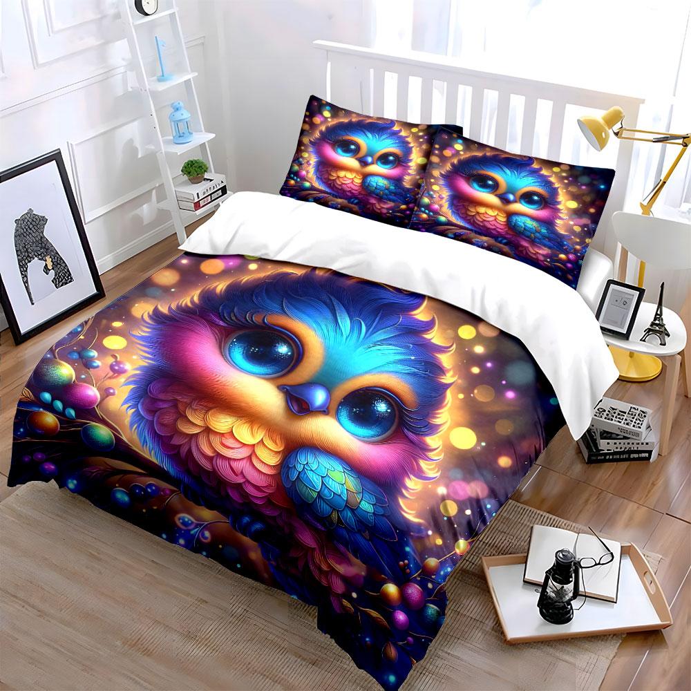 3Pcs Magical Rainbow Bird Bedding Set, Cute Fantasy Owl with Sparkling Eyes Print Duvet Cover + 2 Pillowcases, Kids room Decor