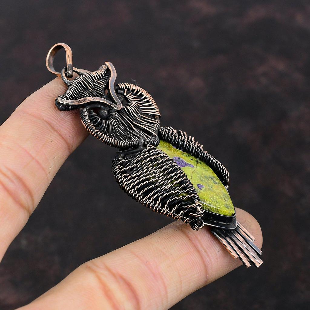 Подвеска из стихтита, медная проволочная обертка, сова, драгоценный камень, проволочная обертка, ювелирное изделие, подвеска ручной работы, подарок для женщин, антикварные медные украшения