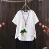 2025 Summer European & American Style Lotus Print V-neck Cotton Hemp Women's T-shirt - Light & Trendy