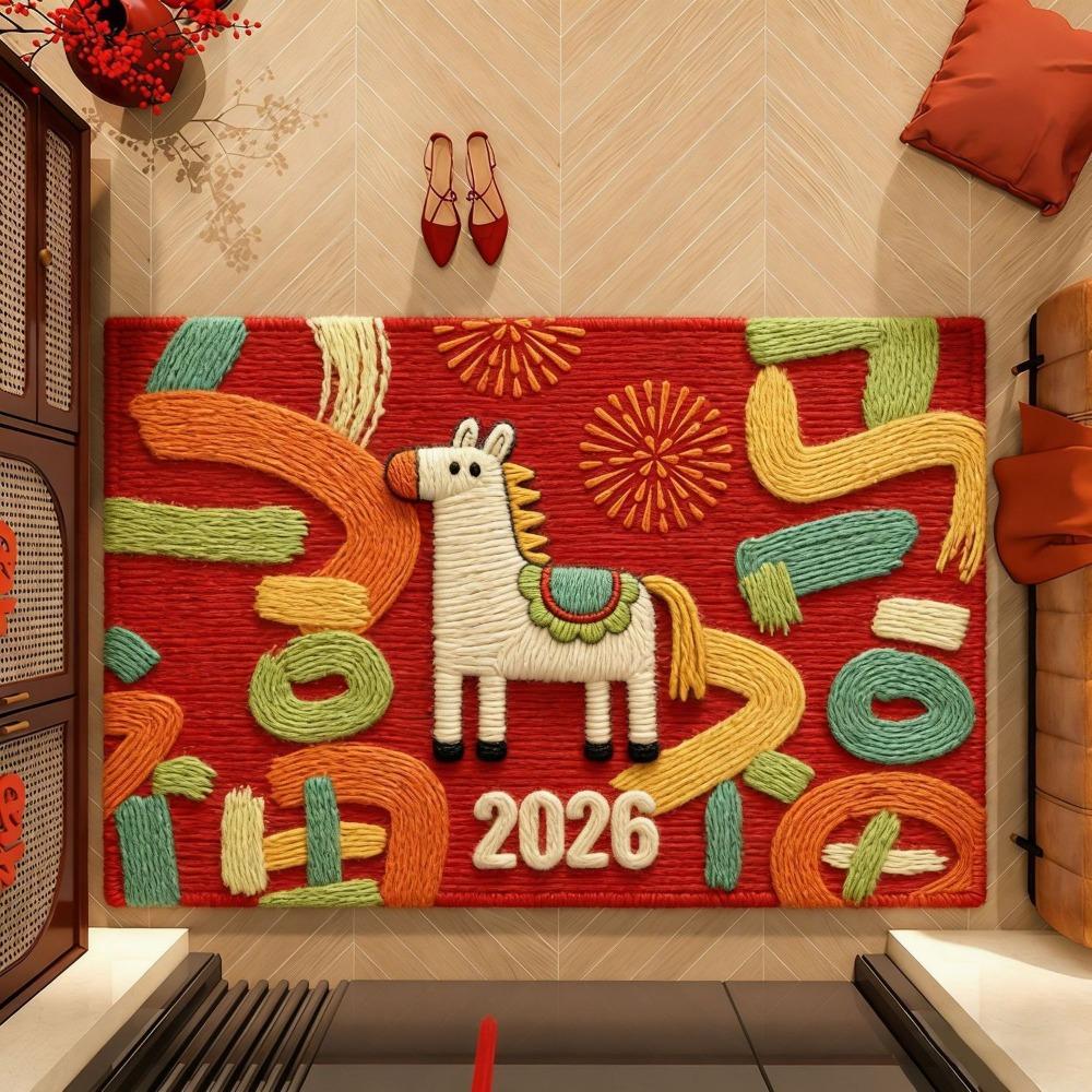 Red Year of The Horse Floor Mat Non-slip Soft Pony New Year Door Mat Water Absorption Blessing Words Doormat Rugs