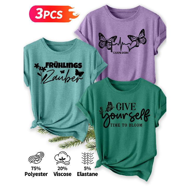 Three-piece set Elegant short-sleeved shirt for women Butterfly Spring Inspirational Slogan Print Pattern Round Neck Short Sleeve Casual Style
