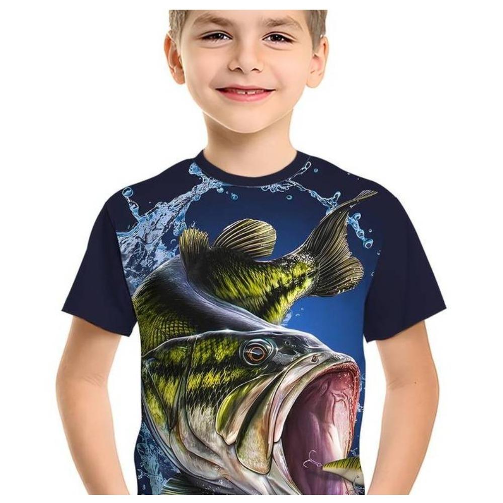 Boys' short-sleeved T-shirt with a round neck and a 3D summer fish print