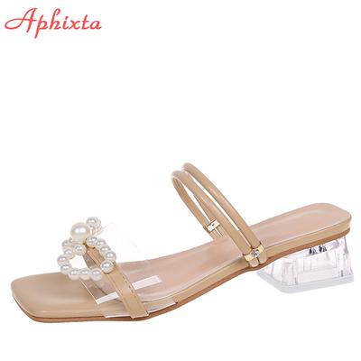 Мода Aphixta 2025 Лето 4см Прозрачные Квадратные Каблуки Женские Сандалии Шлепанцы Жемчужный Бант-бабочка Открытый Носок Шлепанцы Mujer Большой Размер 45